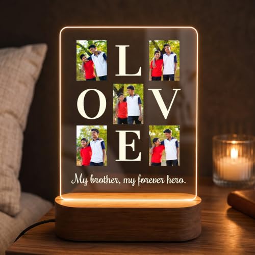 Image of Giftplease Personalized Photo Acrylic Night Light - Custom LED Table Lamp with Wooden Base, Photo Collage Frame - Custom Birthday, Rakhi, & Special for Brother