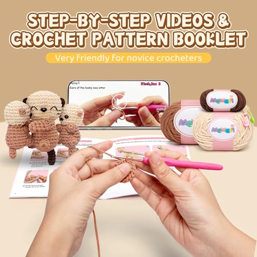 Image of Mewaii Crochet Kit for Beginners Level 1 with 40% Extra Eco-Friendly Pre-Started Easy Yarn, Step-by-Step Video Tutorials for Adults and Kids (3 Pack Sea Otter Family)