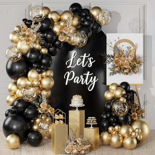 Arco para balões dourados e pretos, 113 peças hélio para balões de aniversário, feliz com balão dourados, confete balão latex hélio, decoração de aniversário, casamento, graduação, ano novo