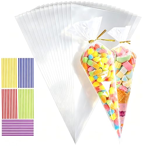30×16cm Sweet Cone Bags 100pcs Transparent Triangle Sweet Cones with 100 Colored Twist Ties Candy Bags Perfect for Halloween Christmas Party Candy Chocolates Snacks Wrapping & Display