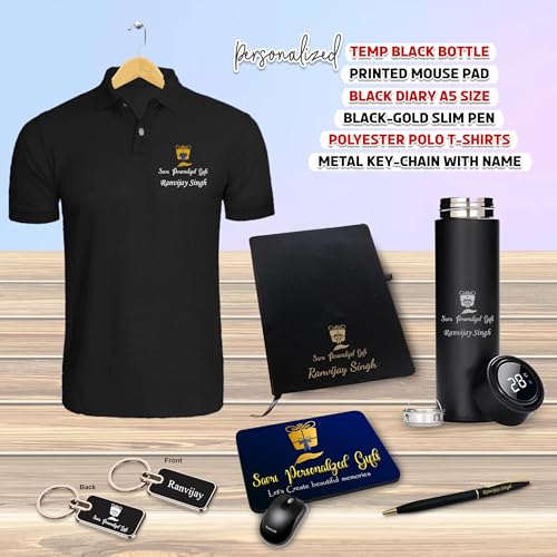 Image of SAVRI Personalized Corporate Gift Set -Custom Engraved Pen, Leather Diary, Bottle, Metal Keychain, Printed Mouse Pad & Black Polo T-Shirt with Name & Company Logo | Employee Welcome Kit & Office Gifts
