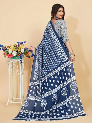 Jaanvi fashion Handicrafts Damen Ikat Hand Block Print Jaipuri Baumwolle Mulmul Sari mit ungesäumtem Blusenteil (Aayat-blue-re), indigoblau, One size