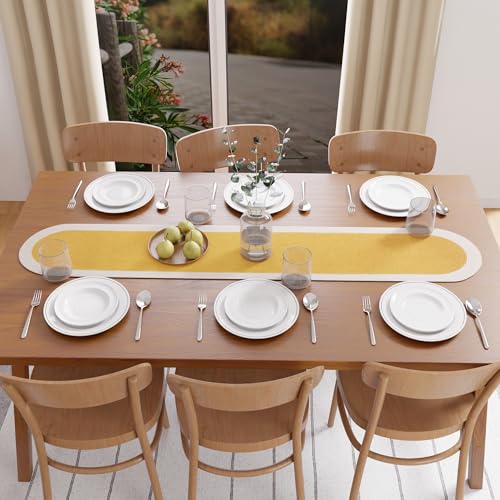 Image of Encasa XO Table Runner for 4 Seater | Handmade Ribbed Style Cotton | 30x137 cm | Yellow & Off White | for Dining & Center Table