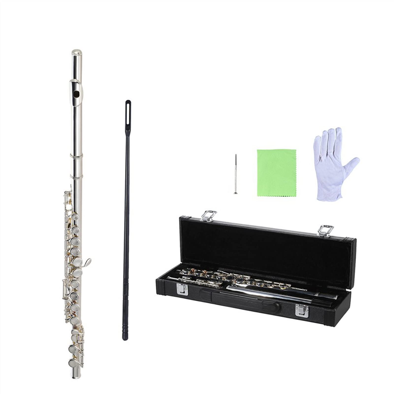 ZUZU Concierto Flauta C Clave Flauta Cupronickel Plateado Plateado 16 Agujeros Cerrados con Carcasas Destornillador Instrumentos De Viento Kit Flauta