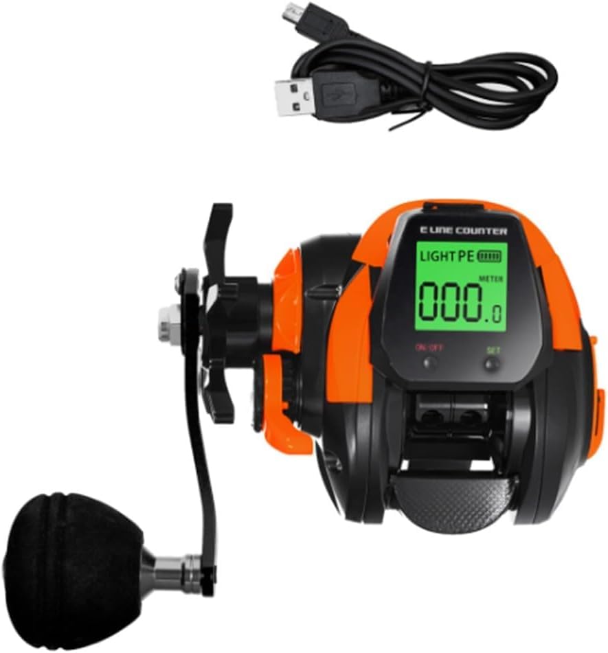 Baitcasting Fishing Reel, Electric Fishing Baitcasting Reel with Digital Display, Accurate Line Counter 6.3:1 Gear Ratio, Rechargeable, Aluminum Alloy Large Display Fishing Reel (Orange Left)