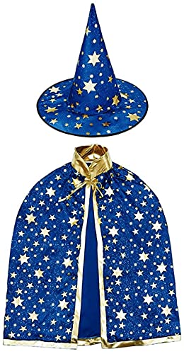 LJSW Disfraces de Halloween brujas, capa de hechicero con sombrero, capa de mago y sombrero para niños, para niños y niñas fiesta cosplay. (azul) Cover