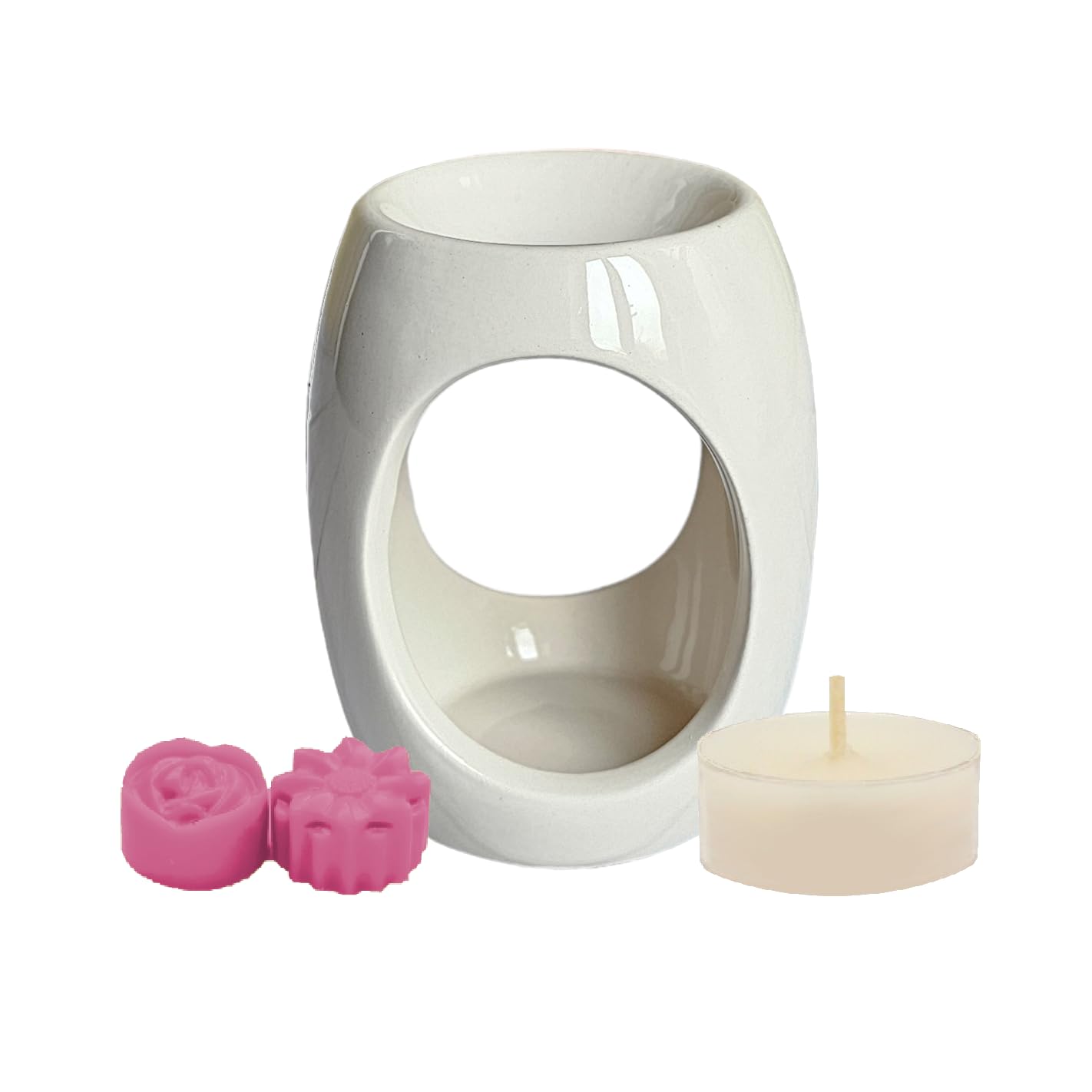 White/White Oval Cutout Ceramic Oil Burner Wax Melter Starter Gift Set with Two Assorted Highly Scented Soy Wax Melts and One Unscented Soy Wax Tealight Candle