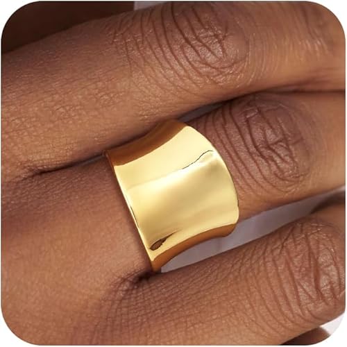 Dainty 14k Gold Plated Wide Band Ring for Women Non Tarnish - Trendy Statement Chunky Thumb Ring Size 5-11