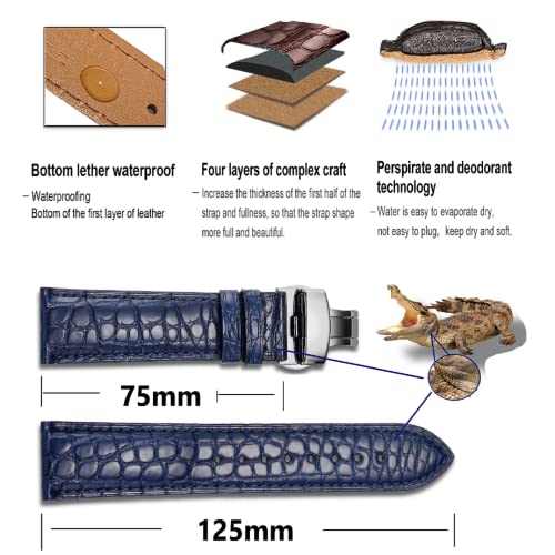 Image of Moran Genuine Leather Band Alligator and Cowhide Replacement Deployment Buckle Watch strap18mm to 24mm Crocodile Leather Strap for Men's and Women's