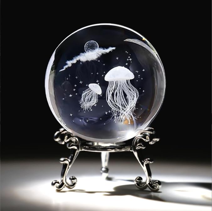 Jellyfish Crystal Ball with Stand, 3D Laser Engraved Glass Sphere Decorative Balls Paperweight Gifts for Women Mom Kids