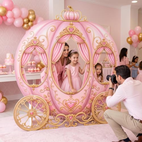 Image of Qunclay 4.5 ft Princess Carriage Cardboard Cutout Pink Fairy Tale Princess Party Decoration Life Size Photo Booth Prop Standee Stand up 3D Display Backdrop Decor for Birthday Baby Shower
