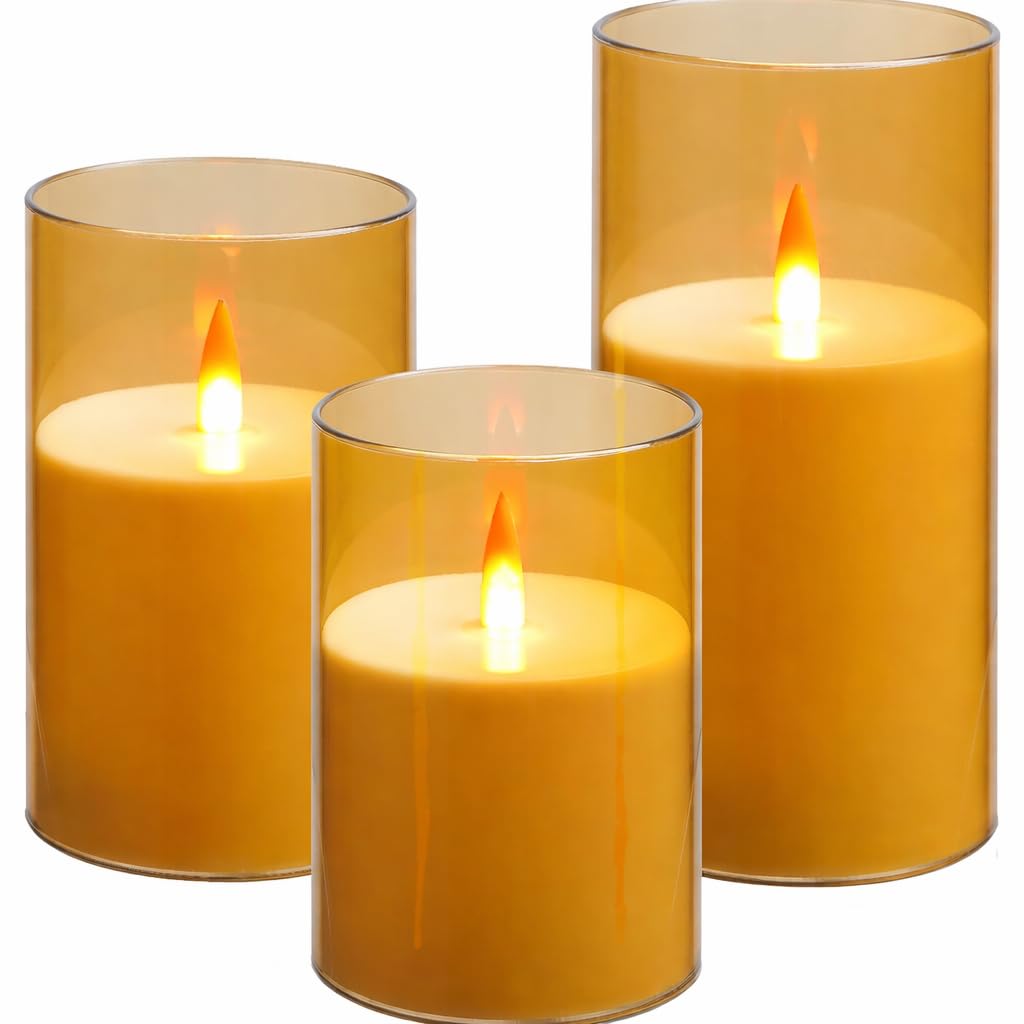 coku LED Flameless Candles with Battery – 3 x 4 5" 6" Acrylic Glass Pillar Candles Set of 3, Battery Operated Flickering Candle for Decoration, Home, Wedding (Golden)-image-31