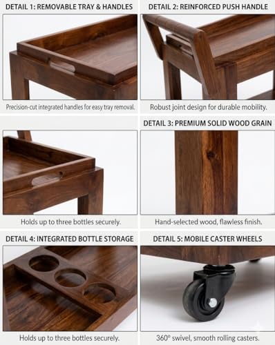 Image of Solid Wood 3-Tier Rolling Bar Cart | Mobile Kitchen Island & Serving Trolley with Removable Top Tray & Integrated Bottle Holder Wine Serving Trolley| Brown Finish