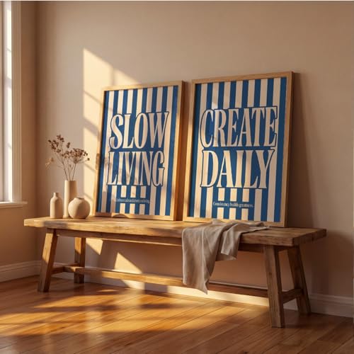 Image of Suneree Slow Living Create Daily Wall Art Set of 2 Framed Paintings | Blue Striped Typography Motivational Poster | Office Bedroom Home Decor (Art 6, 10x13 Inches)