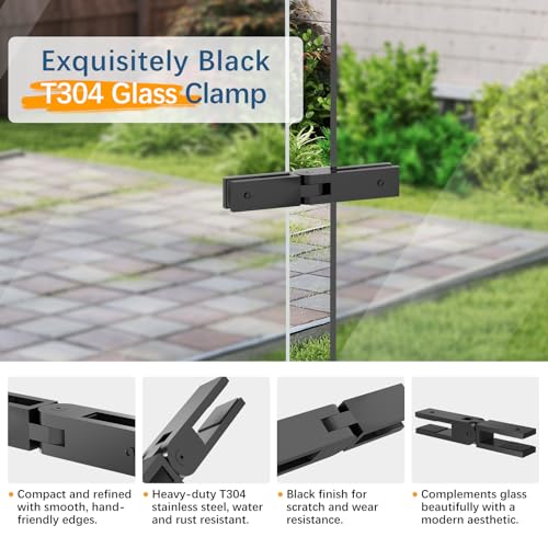 Image of Adjustable Glass to Glass Clamp, 2Pack 90-180-270 Degree Matte Black Railing Clamps, Stainless Steel T304 Railing Clips Brackets for Fence, Balustrade, Balcony Deck, Indoor & Outdoor