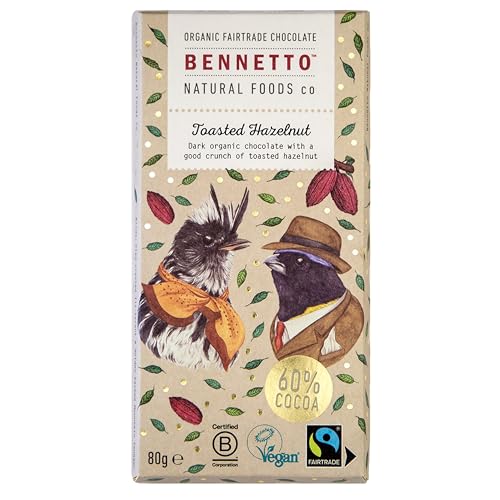 BENNETTO | Toasted Hazelnut | Dark organic chocolate with crunchy toasted hazelnuts. 60% cocoa. Certified organic Fairtrade and net climate positive. 1x 80g Bar