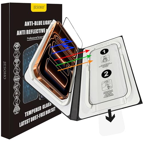 JESOHO Blue Light Screen Protector for iPhone 17 Pro (6.3 inch) Anti Reflective 9H Hardness Shatterproof HD Tempered Glass Easy Install Stain-resistant Touch Sensitive Scratch Resistant 2 Pack
