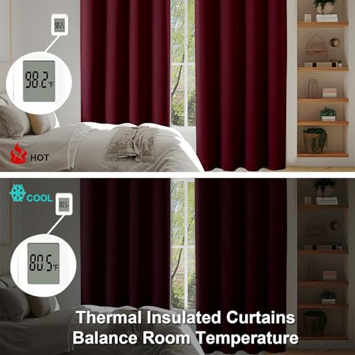 Simplebrand Ava Burgundy Blackout Curtains for Bedroom 96 Inches Long 2 Panels, Solid Thermal Insulated, Energy Saving Nursery Window Treatment Curtains Blackout Drapes, W40 x L96 Inch, Burgundy