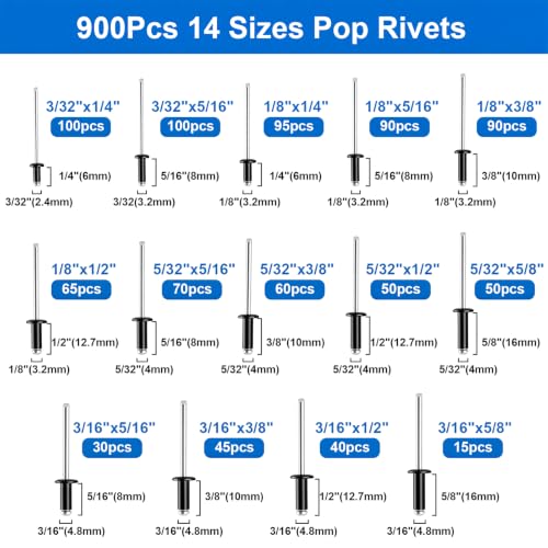 Image of smseace 1500Pcs Black Pop Rivets Kit with Washers in Handheld Box, 14-Size SAE Blind Rivet Assortment 3 /32,1 /8,5 /32,3 /16 Inch, Metal Blind Rivets for Furniture Automotive Instruments Repair
