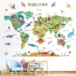 DECOWALL DL3-2415 XLarge Dinosaur World Map Wall Stickers 59.5 inch x 41.8 inch Educational Decals Removable for Kids Nursery Bedroom Living Room Home Art Décor Peel Stick boy Playroom
