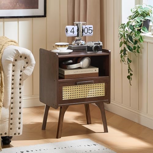 Image of Lerliuo Rattan Nightstands Set of 2, Bedside Table with Drawer Open Shelf | Cane Accent Side End Table with Solid Wood Legs, Walnut Vintage Night Stand for Bedroom, Dorm and Small Spaces