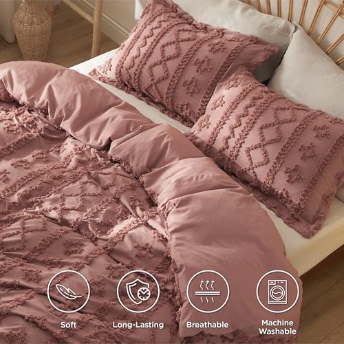 Bedsure Boho Duvet Cover King Size, Soft & Comfortable Elegant Design Boho Bedding for Decoration, Machine Washable Comforter Cover for All Seasons,Includes 1 Duvet Cover & 2 Pillow Shams,Pink