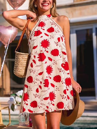 Image of CUPSHE Women Lace Trim Summer Dress Halter High Neck with Tie Backless A Line Lining Casual Sundress Holiday Mini Dress