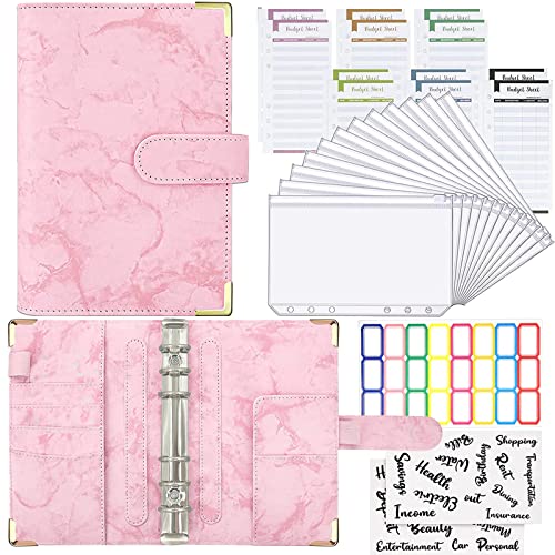 A6 Binder Budget Notizbuch, Ringbuch a6 Nachfüllbar,Pu Leder Loseblatt Notizbuch mit 12pcs Binder Taschen/12 Budgetblätter/24 Blatt Etikettenaufkleber/1Englisches Etikett (Rose) Cover