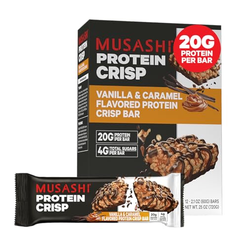 MUSASHI Protein Crisp Bar, 20g Protein, 4g Total Sugars, Vanilla & Caramel, Post Workout and Snack On The Go, 12 Pack of 2.1oz (60g) Bars