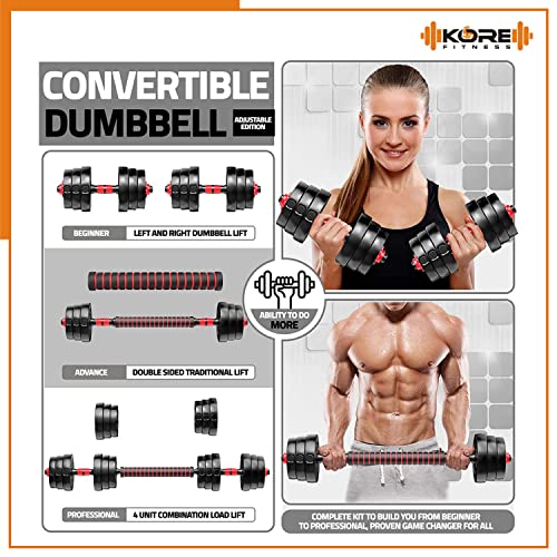 Image of Kore 3 In 1 Convertible 24 Kg Pvc Dumbbells Set, Black