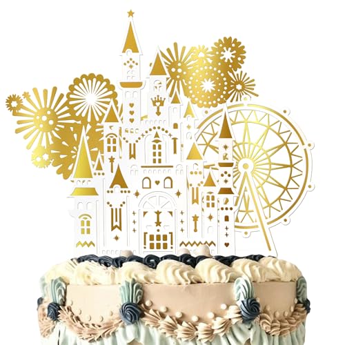 SYKYCTCY 4 Pack Castle Cake Toppers Acrylic Ferris Wheel Cake Picks Firework Shape Cake Decorations for Baby Shower Celebrate Birthday Happy New Year Party Supplies Gold