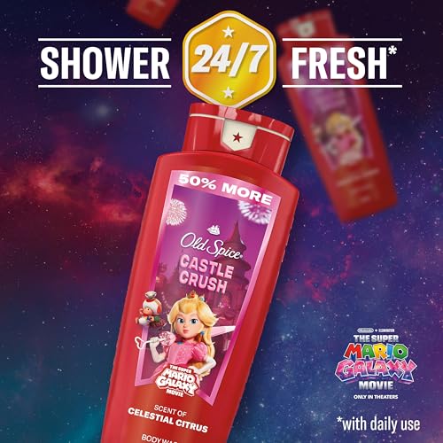 Image of Old Spice Body Wash for Men, x The Super Mario Galaxy Movie, 3X Defense, 24 /7 Shower Fresh with Long Lasting Scent, Smell Super with Castle Crush, Celestial Citrus Scent, 24 oz