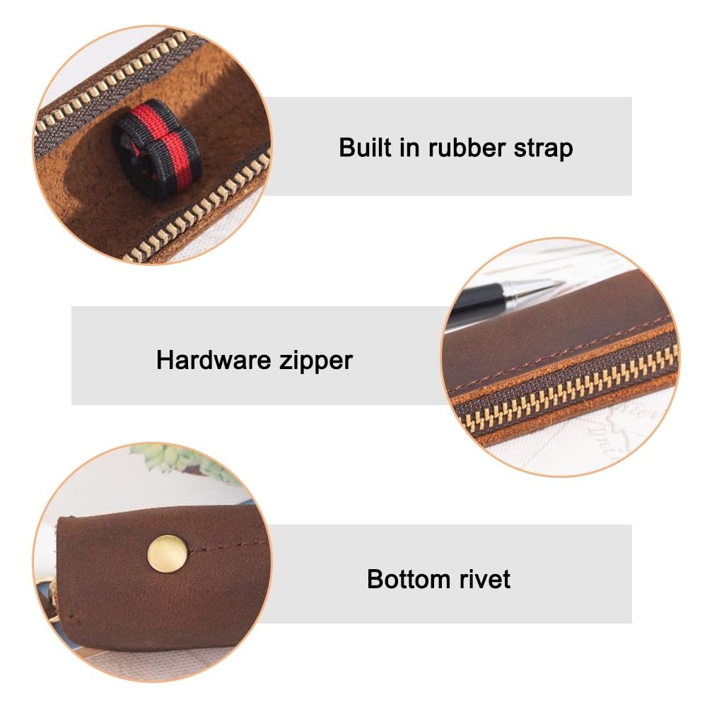 MiOYOOW Leather Pen Case, Head Layer Cowhide Pencil Pouch Retro Slim Pen Holder with Retaining Strap for Office College Travel - Image 2