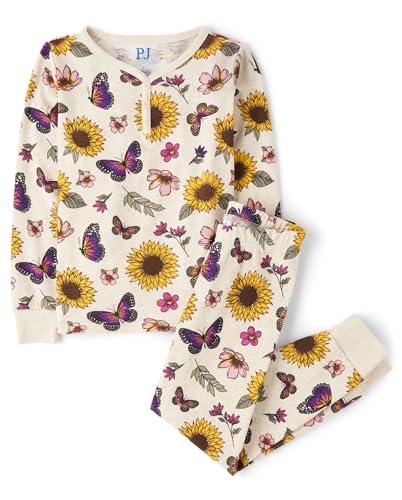The Children's Place,Girls,100% Cotton Long Sleeve Top and Pants, 2 Piece Pajama Set,Sunflower Butterflies,6