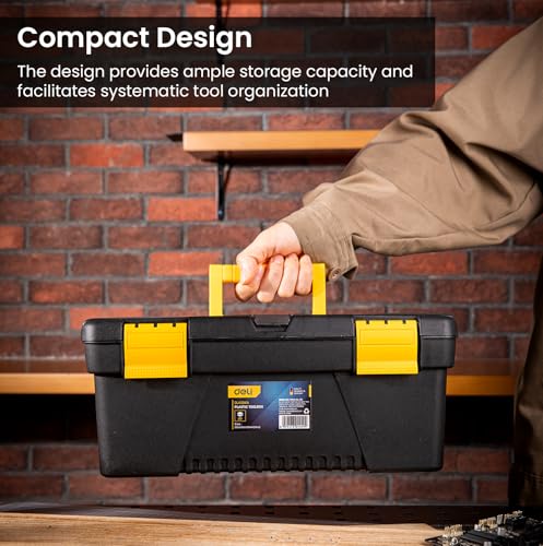 Image of Deli DL432414 14 inch Multipurpose Tool Box with Transparent Storage Isolation Tray & Two Layer Folding Structure Carry Handle Hand Tools Kit for DIY Home and Professional Use (Pack of 1, Yellow /Black)