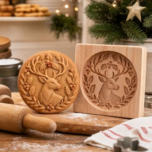 4.72in Carved Wooden Christmas Cookie Stamps, Mini Pie Molds, Elk Print - image 1