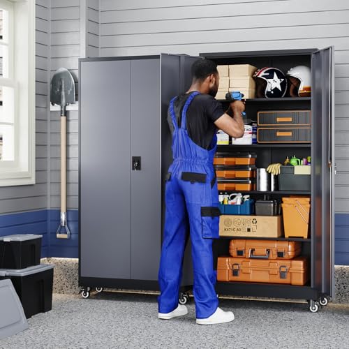 Image of Yizosh Metal Garage Storage Cabinet with Locking Doors and Adjustable Shelves,- 75 inch Rolling Steel Tool Cabinet for Home Office,Garage,Warehouse