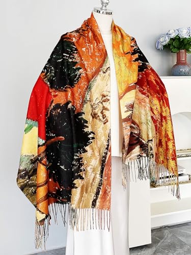 VENVSBEE Reversible Scarf Soft Large Shawl Wrap Blanket Double Sided Art Print Warm Pashmina Stoles Klimt Van Gogh Gifts