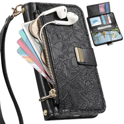 BaiFu Funda Tipo Cartera para OPPO A96 4G, Estampado Floral, Correa de Mano, Soporte y Cierre magnético, Bolsillo con Cremallera para OPPO A96 4G-Negro