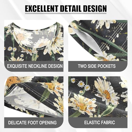 ALAZA Daisy Flowers Music Notes Black Pajama Set Short Sleeve Sleepwear Soft Lounge Nightwear4
