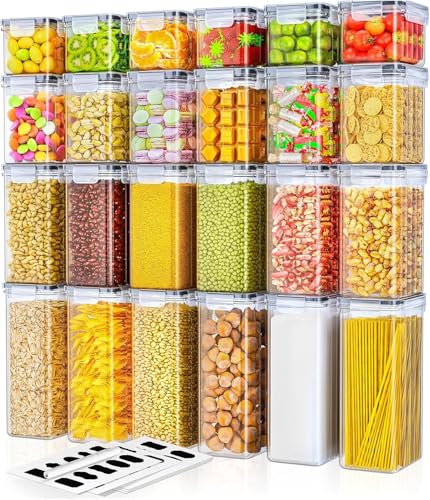 Storivo Food Dispensers Storage Jars Set of 24 - Airtight Storage Box with Lid, Kitchen Organiser for Flour, Sugar, Cereal & More, Includes Labels & Markers, for Kitchen & Fridge, 42 L