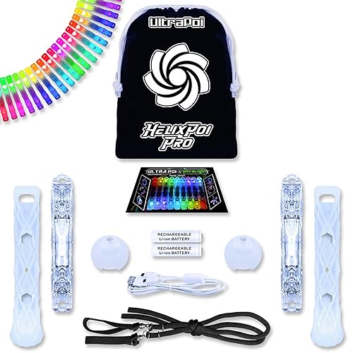 UltraPoi HelixPoi Pro Set - Helix Poi Pro w/Non LED Knob Handles - 40+ Color Modes & Patterns - USB Rechargeable LED Poi Lights w/Soft Durable Cases & Adjustable Leashes - Flow Arts Spinning Toy