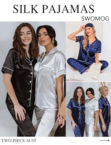 Image of SWOMOG Women Satin Pajamas Set Short Sleeve Top & Pants Sleepwear Silky Button Down Nightwear 2pcs Loungewear Pjs Set Deep Navy Blue X-Large