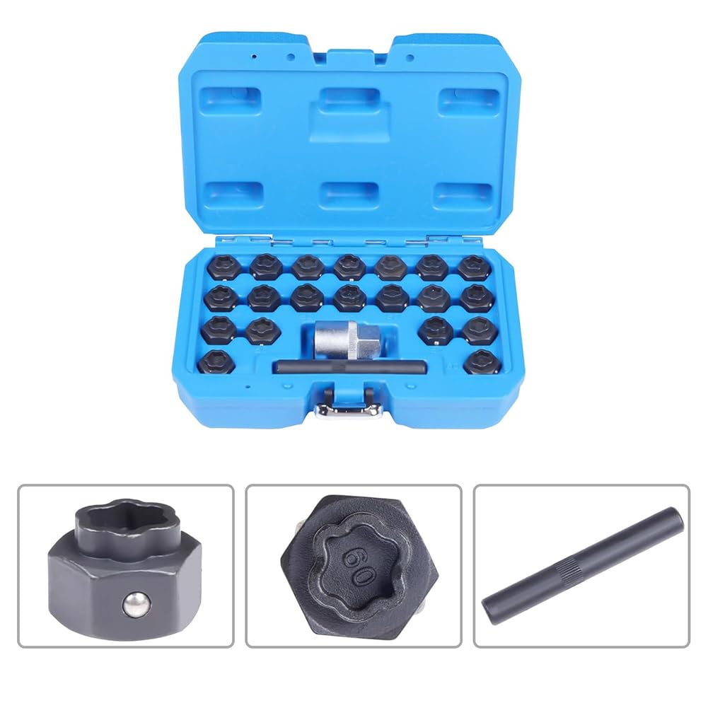22 PCS Clé De Blocage De Roue, Roue Antivol Vis De Blocage D'écrou De Roue Set De Démontage avec Poinçon Et Adaptateur De Douille De Conducteur 1/2 Pouce Black,1