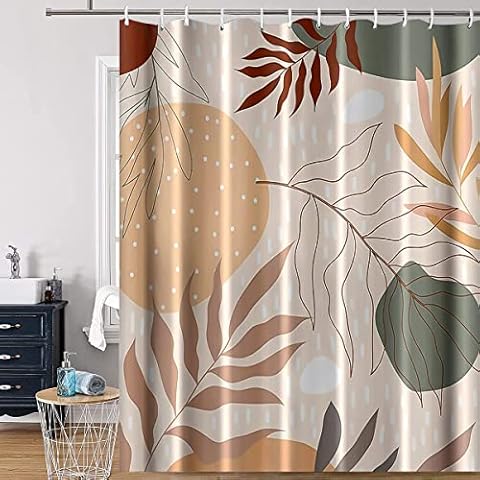 Hanrunsi Leaf Shower Curtain Morandi Abstract 180 x 180 cm (71 x 71 Inch) Polyester with Hooks Plastic Waterproof Machine Washable Opaque Summer Bathroom Curtain Mould & Mildew Resistant Cover