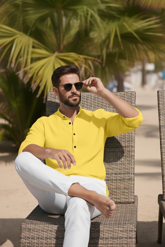 Image of Men's Cotton Blend Short Kurta with Collared Neck Full Sleeves Solid Pattern Western Style Regular Fit and Standard Length