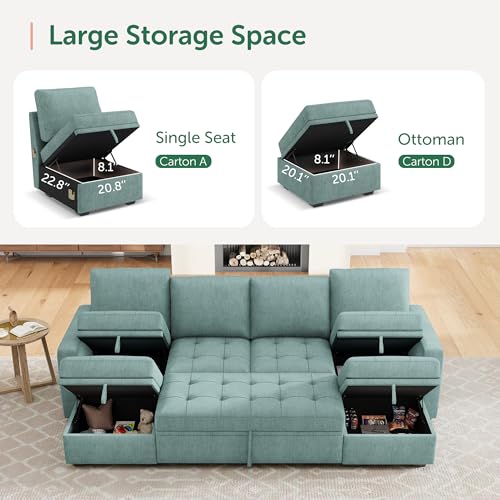Image of HONBAY Modular Sectional Sleeper Sofa with Pull Out Bed,U Shaped Couch with Storage Seat,Sectional Couches for Living Room,Blue