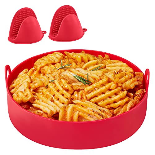 Air Fryer Silicone Pot HEETA Heißluftfriteuse Silikon Topf mit zwei Ofenhandschuhen [leicht reinigen &Wiederverwendbar] Ersatz für Backpapier, Runder Frittierkorb für 6QT oder Größere-8.6'' X 2.5'' Cover