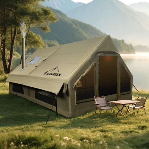 NANJEEN® | Large Luxury Inflatable Camping Tent,Wind & Rain Resistant,12㎡ Interior,2-4-6-8-10 Person Shelter,8 Minutes Fast Setup with Hand Pump,Chimney Port, Dual Doors,Mosquito-Proof Mesh Windows