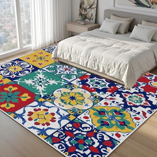 Tapis Boho Patchwork Floral 120x120cm antidérapant et lavable - 5